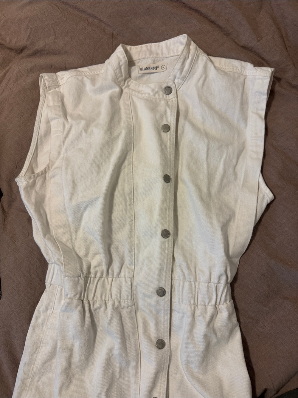 Blank NYC White Sleeveless Snap-Front Jumpsuit with Elastic Waist